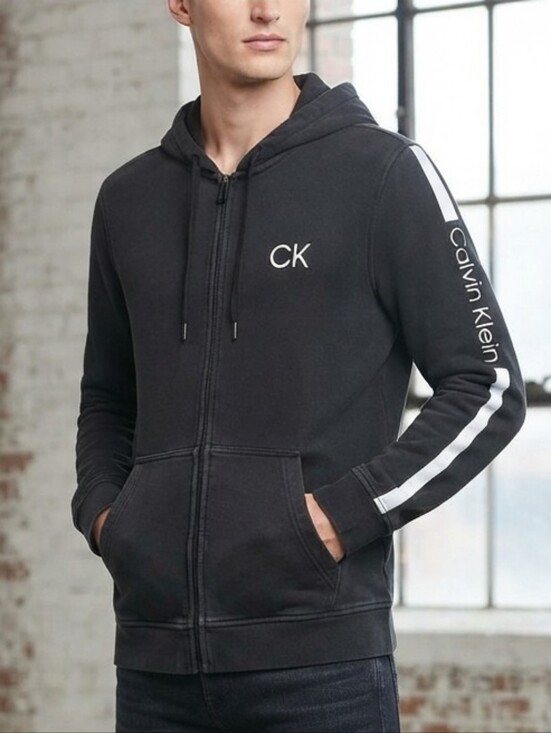 Calvin Klein Other - Calvin Klein Black CK Logo & Sleeve Stripe Full Zip Hoodie Jacket Medium